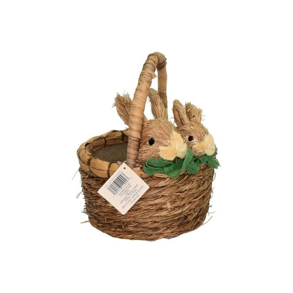 Natural Basket with 2 Sisal Bunny Rabbits Handled Easter Basket Farmhouse Spring - Picture 1 of 5
